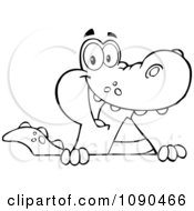 Clipart Outlined Smiling Alligator Over A Sign Board Royalty Free Vector Illustration by Hit Toon