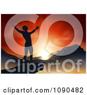 Clipart Silhouetted Christian Man Praising Under An Orange Sunset Over A Mountainous Landscape Royalty Free Vector Illustration