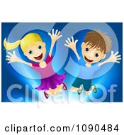 Poster, Art Print Of Happy Blond Girl And Brunette Boy Jumping Over Blue