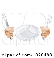 Poster, Art Print Of 3d Pair Of Hands Holding A Knife And Fork By A Plate