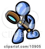 Blue Man Bending Over To Inspect Something Through A Magnifying Glass Clipart Illustration