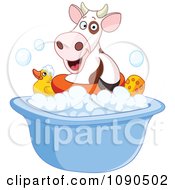 Poster, Art Print Of Cute Cow Floating In A Bath Tub
