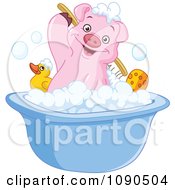 Poster, Art Print Of Cute Pig Scrubbing His Back In A Bath Tub