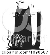 Poster, Art Print Of Cat Playing With A Ball Of String Black And White Woodcut