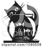 Poster, Art Print Of Cat Watching Fish In A Bowl Black And White Woodcut