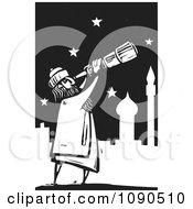 Poster, Art Print Of Arabian Man Using A Telescope To View The Stars Black And White Woodcut