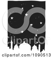 Starry Night Sky Over A Mosque Black And White Woodcut