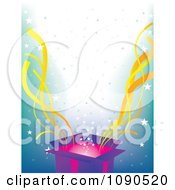 Poster, Art Print Of Surprise Open Gift Box With Yellow Streamers And Stars Over Blue