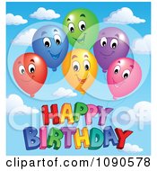 Poster, Art Print Of Colorful Floating Party Balloons Smiling Over Happy Birthday Against A Sky