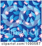 Poster, Art Print Of Seamless Pink Blossom Leaves And Blue Background