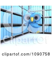 3d Blue Owl Flying In An Archive Room