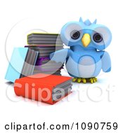 Poster, Art Print Of 3d Blue Owl Standing By Books