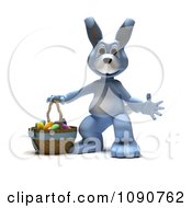 Poster, Art Print Of 3d Blue Easter Bunny With A Basket Of Eggs