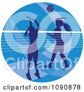 Poster, Art Print Of Silhouetted Female Volleyball Players And A Net Over A Blue Circle