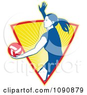 Poster, Art Print Of Blue Female Volleyball Player Serving Over An Orange Shining Triangle