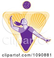 Poster, Art Print Of Purple Female Volleyball Player Over An Orange Shining Triangle