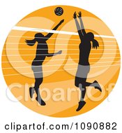 Poster, Art Print Of Silhouetted Female Volleyball Players And A Net Over An Orange Circle