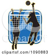 Poster, Art Print Of Silhouetted Female Volleyball Players And A Net Over A Blue Square