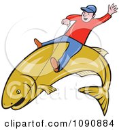 Man Riding A Large Fish And Holding On With Wire
