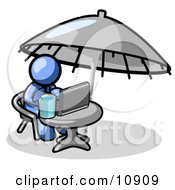Traveling Blue Business Man Sitting Under An Umbrella At A Table Using A Laptop Computer