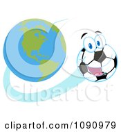 Happy Soccer Ball Character Flying Away From Earth
