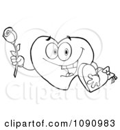 Poster, Art Print Of Outlined Valentine Heart Character Holding A Rose And Candy