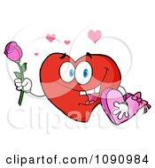 Poster, Art Print Of Valentine Heart Character Holding A Rose And Candy