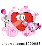Poster, Art Print Of Red Valentine Heart Character Holding A Rose And Candy