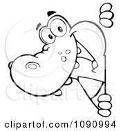 Clipart Outlined Alligator Looking Around A Sign Royalty Free Vector Illustration by Hit Toon