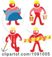 Poster, Art Print Of Red Men Construction Workers With Blue Prints Buckets Tools And A Caution Bar