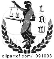 Black And White Laurel With Lady Justice And Law Text