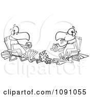 Clipart Outlined Eagle Friends Eating Lunch By A Camp Fire Royalty Free Vector Illustration by toonaday