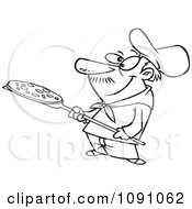 Clipart Outlined Pizza Man Holding A Pie Royalty Free Vector Illustration by toonaday