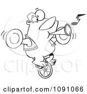 Clipart Outlined Stunt Bear Playing Music And Riding A Unicycle Royalty Free Vector Illustration