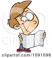 Clipart Outlined Boy Reading A Map Royalty Free Vector Illustration