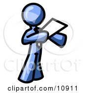Blue Businessman Holding A Piece Of Paper During A Speech Or Presentation Clipart Illustration