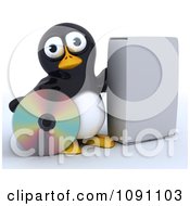 Poster, Art Print Of 3d Cute Penguin With A Cd And Software Box