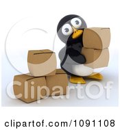 Poster, Art Print Of 3d Cute Penguin With Cardboard Boxes