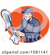 Retro Janitor Holding A Mop And Cloth Over An Orange Oval