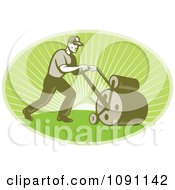 Poster, Art Print Of Retro Landscaper Oval Using A Lawn Roller
