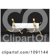 3d Wooden Mannequins Running With A Blank White Banner