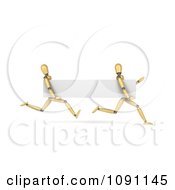 Poster, Art Print Of 3d Running Wooden Mannequins With A Blank Banner