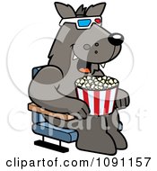 Wolf Eating Popcorn And Watching A 3d Movie At The Theater