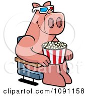Pig Eating Popcorn And Watching A 3d Movie At The Theater