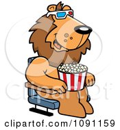 Lion Eating Popcorn And Watching A 3d Movie At The Theater