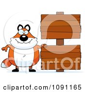 Clipart Chubby Fox By Wooden Signs Royalty Free Vector Illustration
