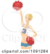 Clipart Pretty Cheerleader Holding Up A Red Pom Pom Royalty Free Vector Illustration by BNP Design Studio