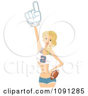 Clipart Pretty Cheerleader Holding Up A Number One Hand Royalty Free Vector Illustration