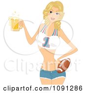 Clipart Pretty Cheerleader Holding A Football And Beer Royalty Free Vector Illustration