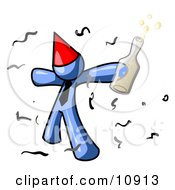 Happy Blue Man Partying With A Party Hat Confetti And A Bottle Of Liquor Clipart Illustration